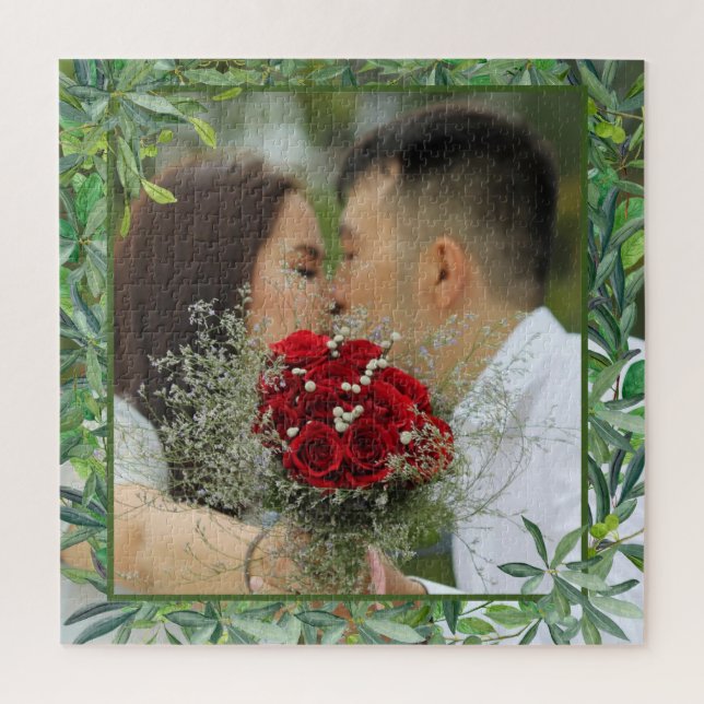 Puzzle Aquarelle moderne Vert Mariage Photo (Vertical)