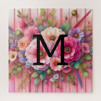 Puzzle Aquarelle monogramme pastel fleurs sur bois rose