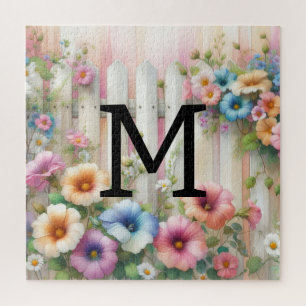 Puzzle Aquarelle monogramme pastille fleurs sur bois blan
