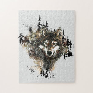 Puzzle Aquarelle Montagne Gris Loup Tête Animal