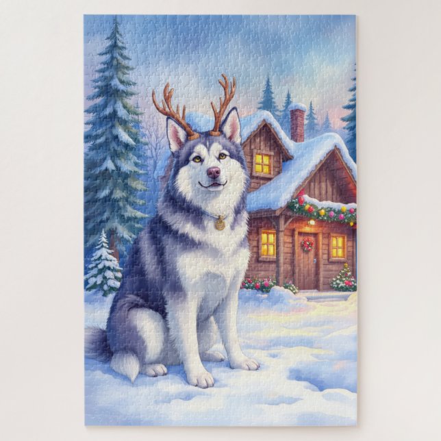 Puzzle Aquarelle Noël Malamute d'Alaska Renne (Vertical)