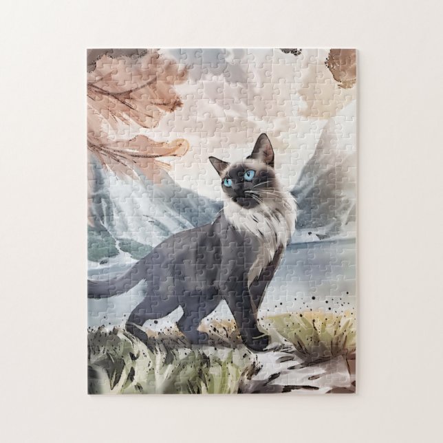 Puzzle Aquarelle Noir et Blanc Fluffin Chat dans la natur (Vertical)