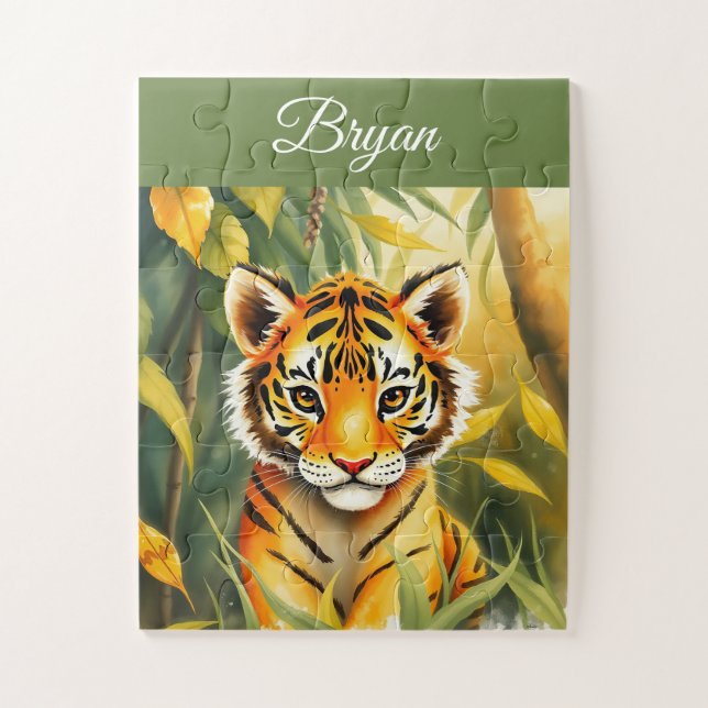 Puzzle Aquarelle Orange et Vert Migner Tiger Nom des enfa (Vertical)