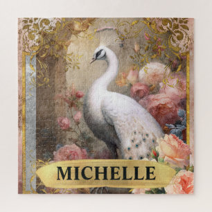 Puzzle Aquarelle Paon Blanc Vintage et Roses Roses
