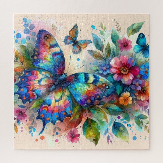 Puzzle Aquarelle Papillon Floral Fleurs Bleu rose (Vertical)
