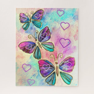 Puzzle Aquarelle - Papillons colorés - Coeurs - Doux