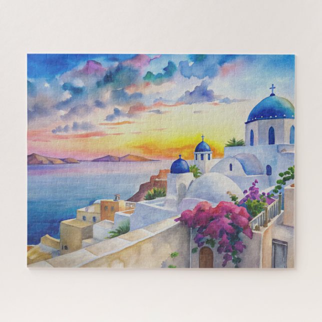 Puzzle Aquarelle paysage Santorin île grecque (Horizontal)
