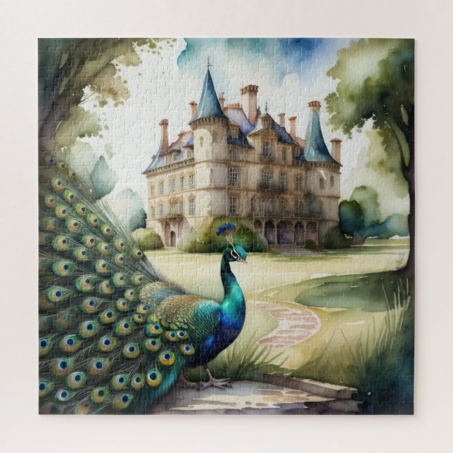 Puzzle Aquarelle Peinture de Peacock et Château (Vertical)