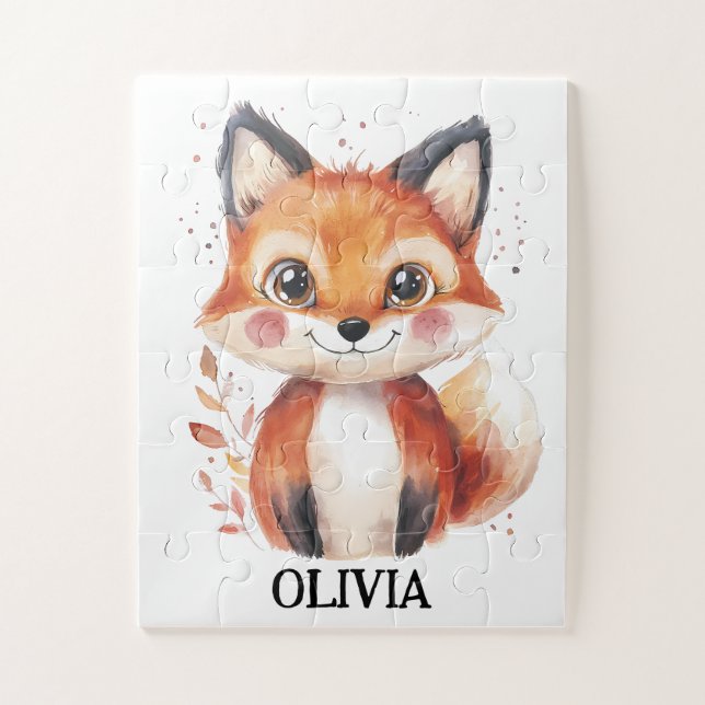 Puzzle Aquarelle Renard Automne Animaux Feuilles Nom Pers (Vertical)