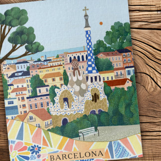 Puzzle Aquarelle Rétro Barcelone Espagne Voyage 