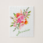 Puzzle Aquarelle rose colorée Art Floral Personnalisé<br><div class="desc">Ce magnifique puzzle présente un bouquet floral coloré rose et orange aquarelle. Personnalisez-le avec votre nom dans une typographie stylisée. Super idée cadeau.</div>