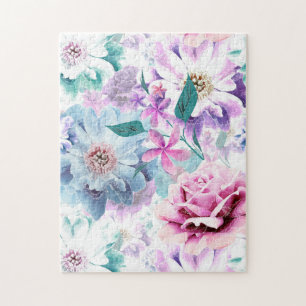 Puzzle Aquarelle rose, fleurs bleues.