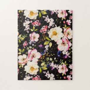 Puzzle Aquarelle rose Roses Jaunes Arrière - plan noir