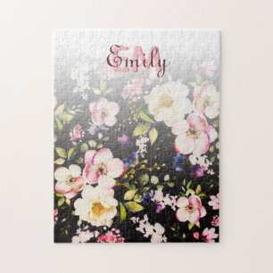 Puzzle Aquarelle rose Roses jaunes sur noir, Monogramme