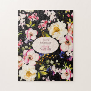 Puzzle Aquarelle Roses rose et jaune sur Noir, Anniversai