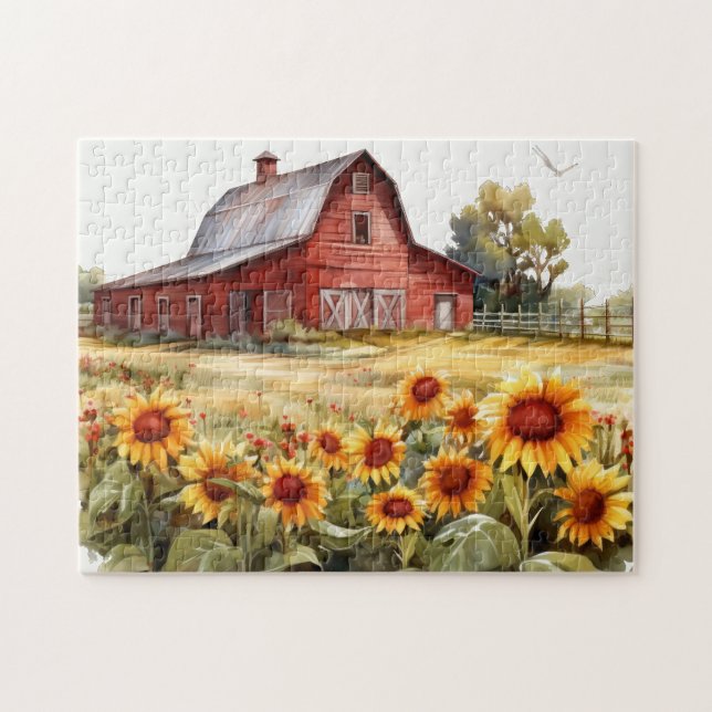 Puzzle Aquarelle Rouge rustique Grange Avec Fleurs de sol (Horizontal)
