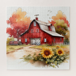 Puzzle Aquarelle Rouge rustique Grange Avec Fleurs de sol
