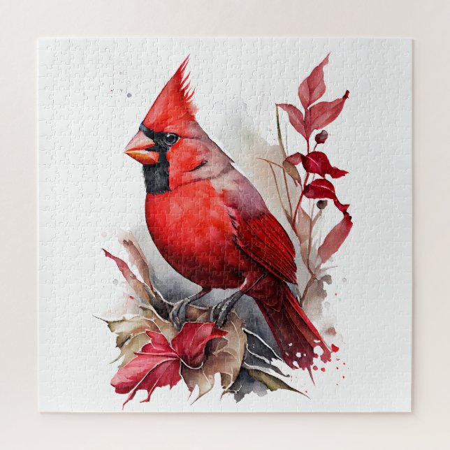 Puzzle Aquarelle rouge vif Oiseau cardinal d'hiver (Vertical)
