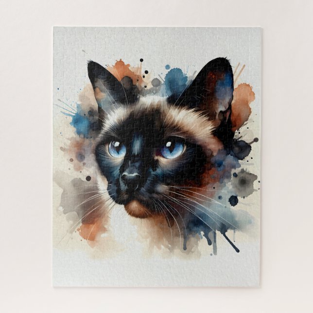 Puzzle Aquarelle Siamese Chat Portrait coloré (Vertical)