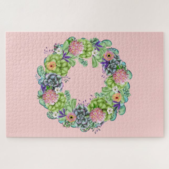 Puzzle Aquarelle succulente couronne florale sur rose (Horizontal)