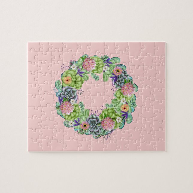 Puzzle Aquarelle succulente couronne florale sur rose (Horizontal)