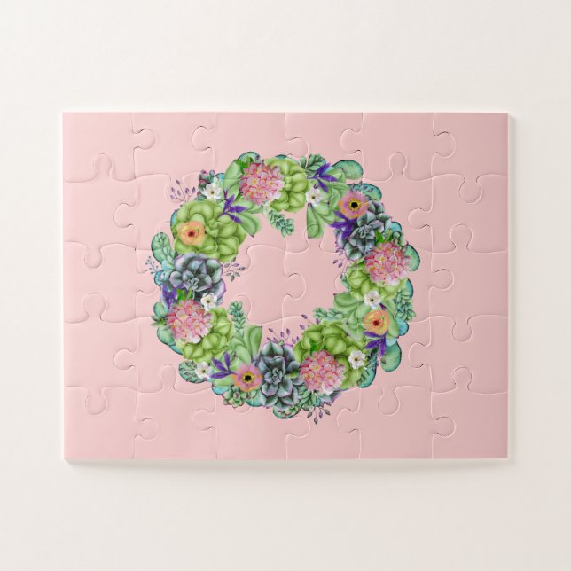 Puzzle Aquarelle succulente couronne florale sur rose (Horizontal)