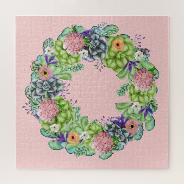 Puzzle Aquarelle succulente couronne florale sur rose (Horizontal)