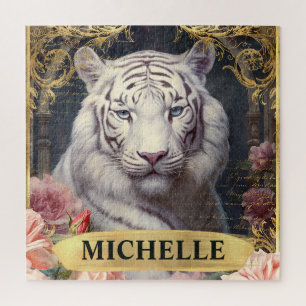 Puzzle Aquarelle Tigre Blanc Vintage et Roses Roses flora