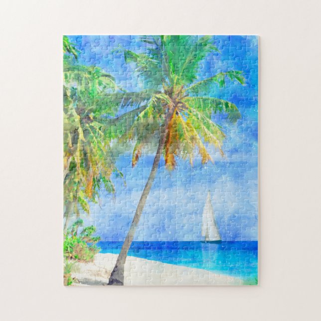 Puzzle Aquarelle Tropical Island Beach avec Palm Tree (Vertical)