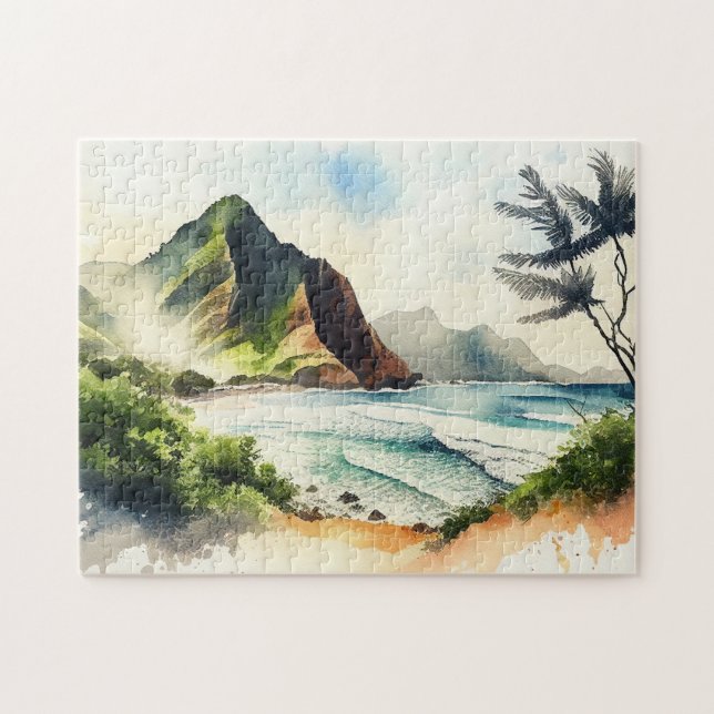 Puzzle Aquarelle tropicale Hawaii. La nature de la plage (Horizontal)