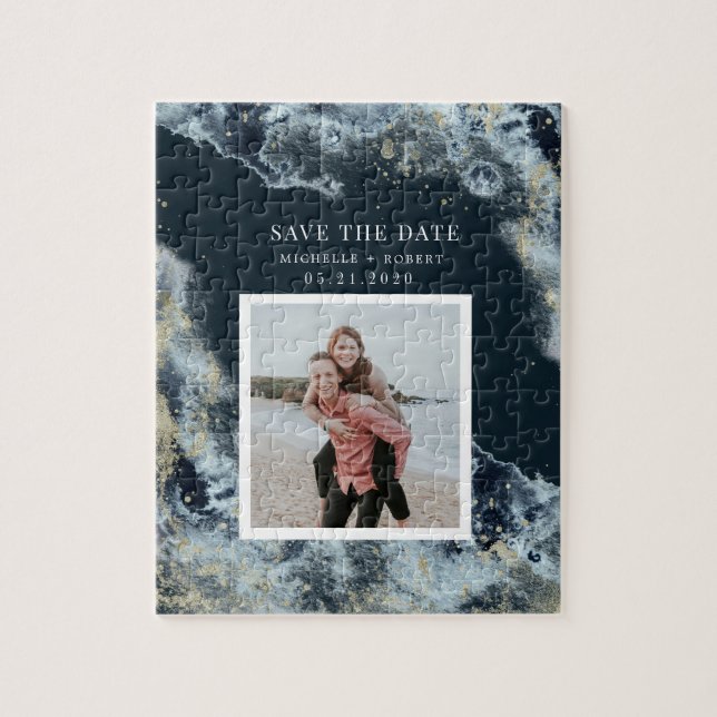 Puzzle aquarelle vagues côtier enregistrer la date photo  (Vertical)