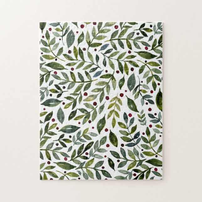 Puzzle Aquarelle verte branches saisonnières et baies (Vertical)