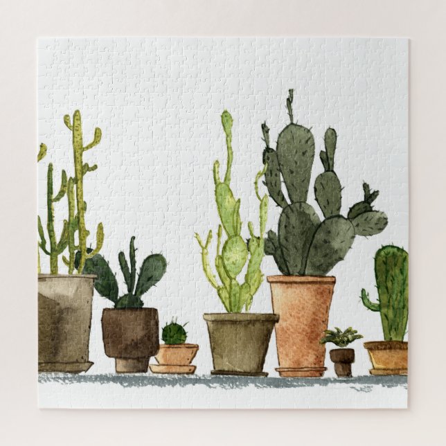 Puzzle Aquarelle verte Cactus : Pots tirés à la main (Vertical)