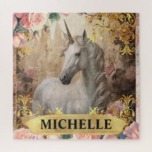 Puzzle Aquarelle Vintage licorne blanche et rose roses