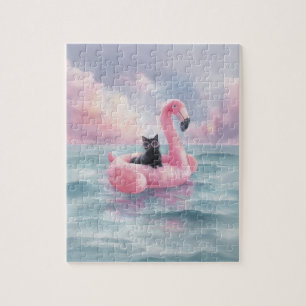 Puzzle Aquarelle Whimsical Chat noir Flamant rose Flotte