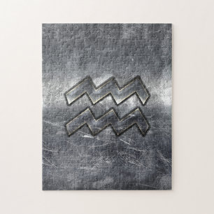 Puzzle Aquarius Symbole Grunge Distressed Silver Steel