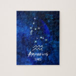 Puzzle Aquarius Zodiac Constellation Blue Galaxy Monogram<br><div class="desc">Aquarius Zodiac Constellation Blue Galaxy Monogramme Design. Avec police de script brossé tendance, couleur arrière - plan céleste bleu foncé, constellation d'étoiles brillantes, et le symbole du porteur d'eau. Symbole astrologique moderne Horoscope de naissance, est parfait pour tous les Anniversaires Aquariens Du 20 Janvier au 18 Février! Avec Monogrammed en...</div>