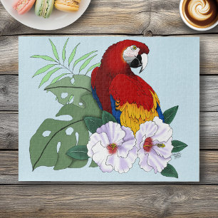 Puzzle Ara rouge Macaw Perroquet Tropicale Hibiscus blanc