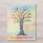 Puzzle Arborescence familiale personnalisée<br><div class="desc">Ce puzzle moderne est décoré avec un motif coloré d'arbre généalogique sur un arrière - plan aquarelle. Facilement personnalisable avec votre nom de famille. Parce que nous créons notre oeuvre,  vous ne trouverez pas cette image exacte d'autres designers. Mosaïque originale et aquarelle © Michele Davies.</div>