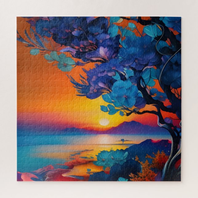 Puzzle Arbre à fleurs au lac au lever du soleil (Vertical)