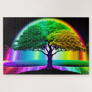 Puzzle Arbre arc-en-ciel de vie sous ciel nocturne