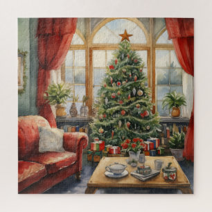 Puzzle Arbre de Noël au coin de la cheminée dans un salon