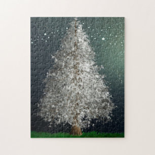 Puzzle Arbre de Noël en argent blanc, étoiles brillantes