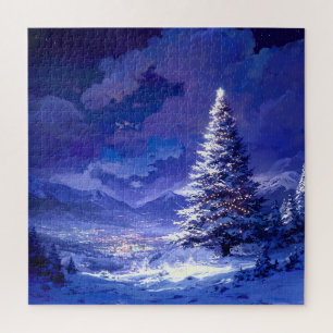 Puzzle Arbre de Noël lumineux paysage de montagne enneigé