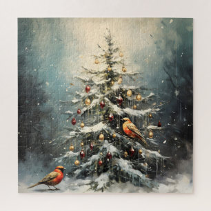 Puzzle Arbre de Noël rustique d'hiver Oiseaux rouges enne