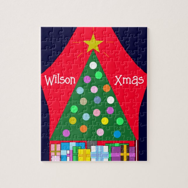 Puzzle Arbre de Noël vert avec rideaux bleus : (Vertical)