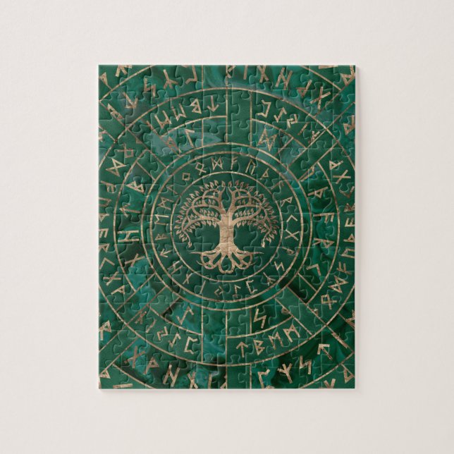 Puzzle Arbre de vie - Yggdrasil et Futhark - Malachite (Vertical)