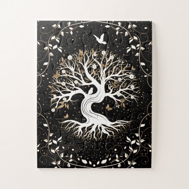 Puzzle Arbre de vie - Yggdrasil - noir blanc et or (Vertical)