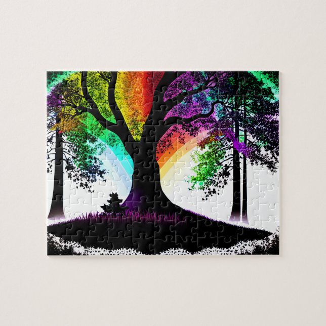 Puzzle Arbre heureux de couleur arc-en-ciel dans une forê (Horizontal)