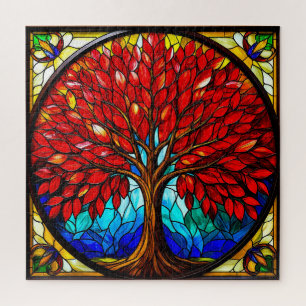 Puzzle Arbre Rouge Vibrant en Verre Artisanal